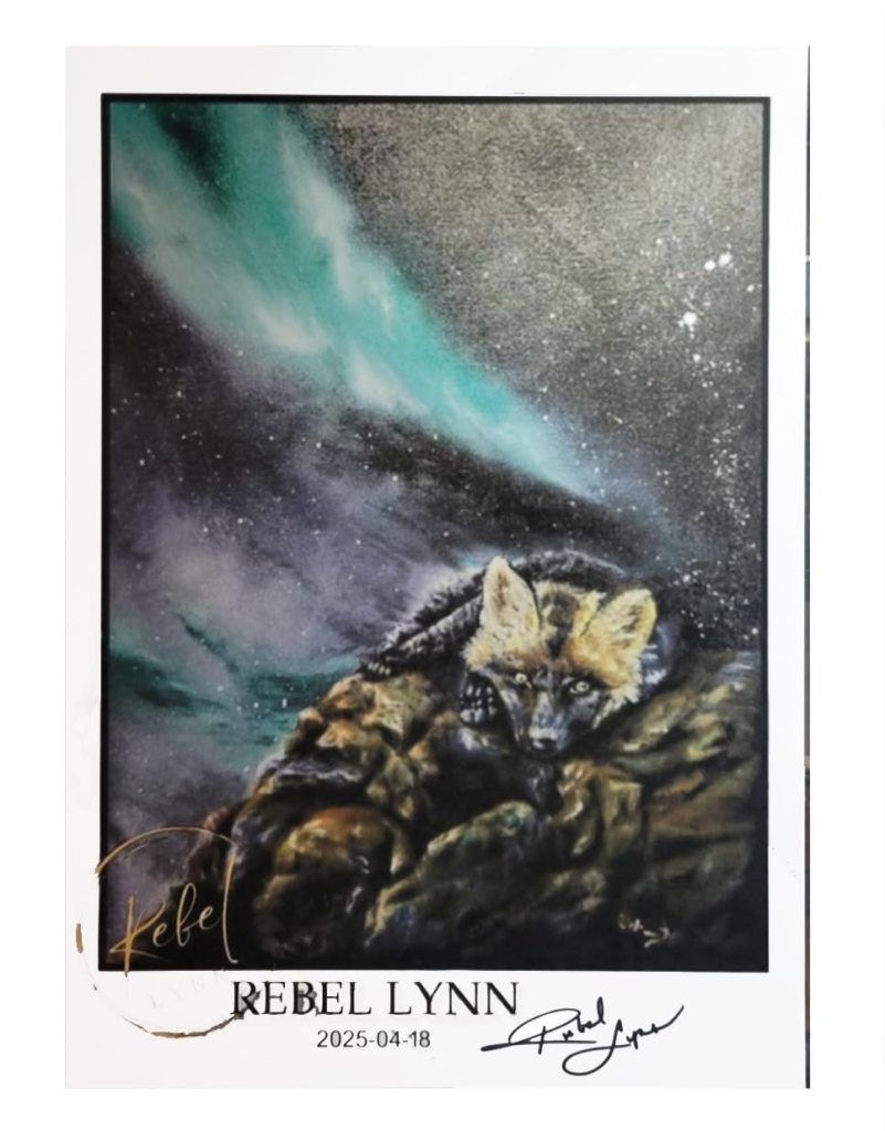 Aurora Borealis oil painting by artist Rebel Lynn featuring a fox resting under the northern lights.